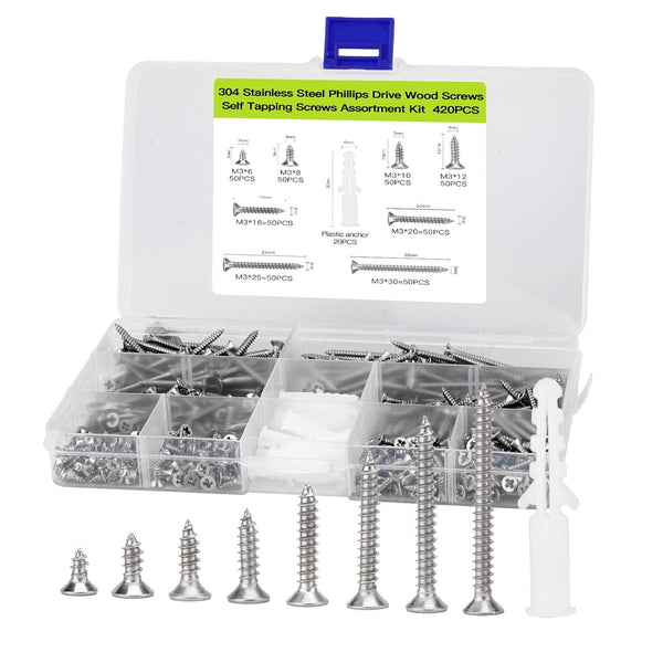 M3 Flat Head Wood Screws Assortment Fasteners Kit, 420pcs Phillips Drive Countersunk Head Self-Tapping Screws, 304