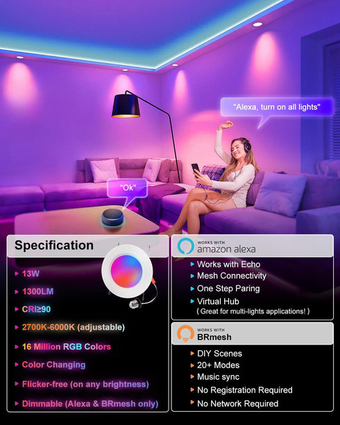 6 Inch, 13W 1300LM, Dimmable, 1 Pack Smart Recessed Lighting RGBCW Color Changing LED Can Lights Bluetooth, Flicker