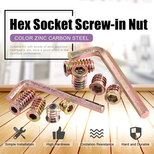 Swpeet 122Pcs Carbon Steel Color Zinc Plated Furniture Screw in Nut Threaded Wood Inserts Bolt Fastener Connector