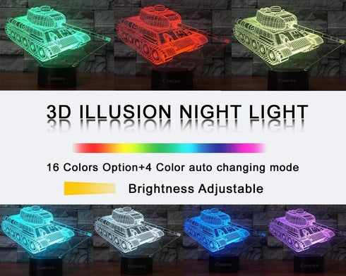 Comiwe 3D 16 Dimmable Settings Military Tank Illusion Night Light, Colors LED Bedside Lamp with Touch & Remote Control