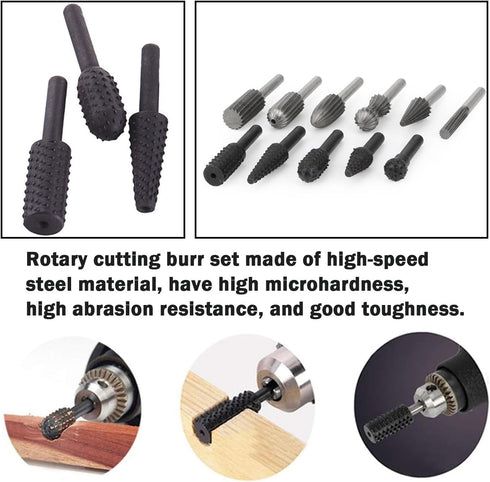 Rongon Carbide Burr Set, 11Pcs Rotary File Burr Cutter for Woodworking, 1/4 Inch Shank for DIY Carving