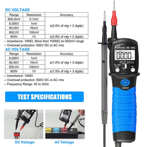 Kethvoz Voltage Tester Digital Multimeter Pen 600V with 6000 Count TRMS AC DC Volt Detector and Continuity Tester