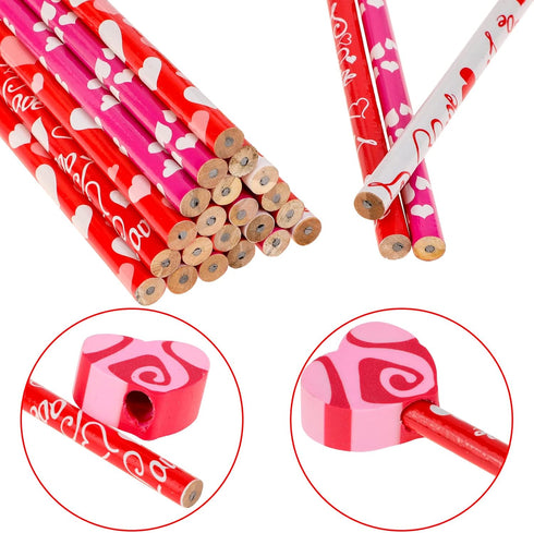 Konsait 2 Dozen (24) Valentine Pencils Assortment with Giant Eraser Topper Decorated with Love Hearts, Candies, Stars