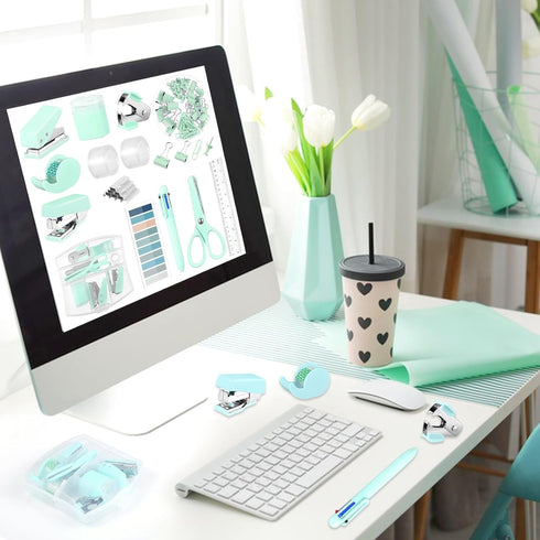 Mini Office Supplies, Turquoise Green School Supplies with Sticky Notes, Mini Stapler, Tape Dispenser, and More