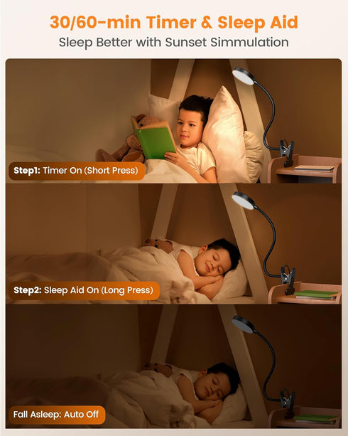 72 3 5 30/60-Min Glocusent Clip on Light, LEDs Clip on Lamp with Amber Night Light, Colors & Brightness Bed Lamp, Auto
