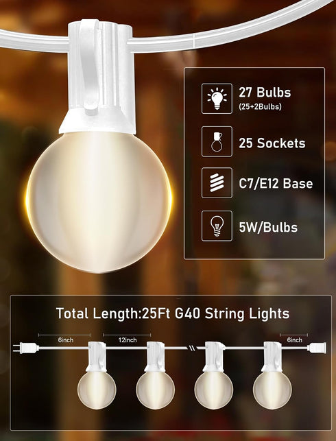 25FT G40 25 Bulbs Frosted White Lights Globe Outdoor String Lights Patio Lights with Frosted White Globe - White Wire