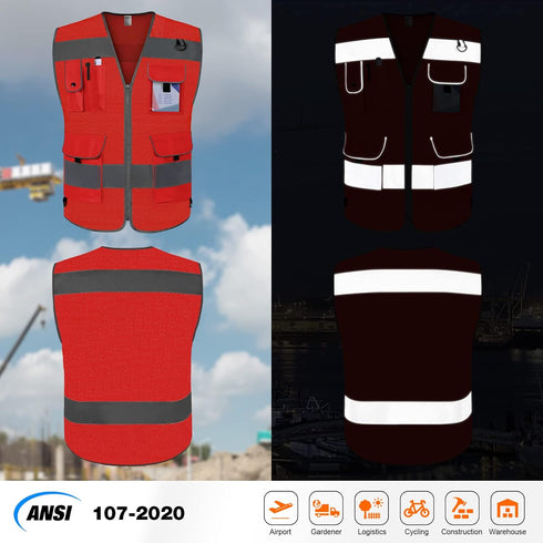 TCCFCCT Mesh Work Vest for Men Women 9 Pockets High Visibility Safety Vest with Reinforced Sewing, Hi Vis Reflective Vest for Workers, Surveyors, Meets ANSI/ISEA, (Red, 4X-Large)