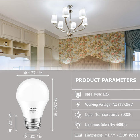 Bulb 5000K A15 Bulb,E26 Bulb, 6W 60W Equivalent,600lm,Non-Dimmable,6 Pack Cotanic Ceiling Fan Light Daylight LED Medium