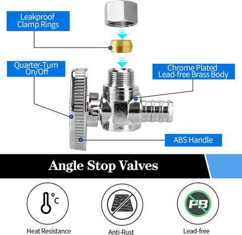 2 Pack Stop Valves, 1/4 Turn Angle Stop Valves, 3/8" OD Compression 1/2" PEX Chrome Plated Brass