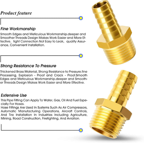 TAILONZ PNEUMATIC Brass Hose Barb Fitting, 1/2 Inch Barb to 1/2 Inch Male NPT Adapter (Pack of 5)