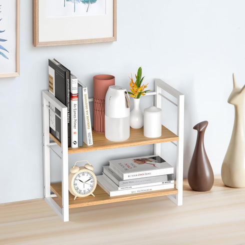 Office Desk Shelf Organizer - Wood Desktop Bookshelf Supplies Storage Rack, 2 Tier Shelf for Desk and Dresser