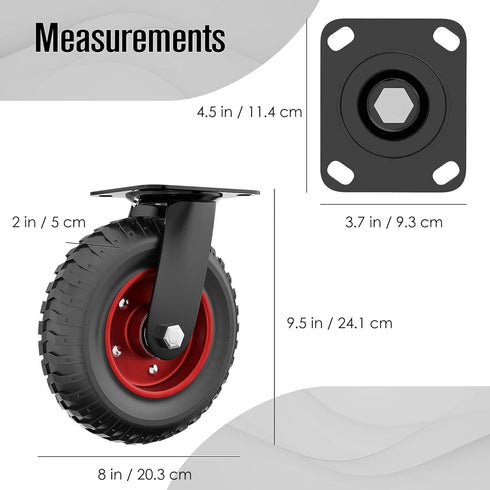 Houseables Swivel Heavy Duty Caster Wheel, Industrial Casters, 8 Inch, 1 Wheel, Red Rim, Rubber, Cast Iron, Large, Tires, Outdoor, Flat Free for Carts, Dolly, Workbench, Trolley, Black