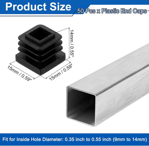 9/16" (15mm) 50 uxcell Square Tubing End Caps, Pcs Plastic Hole Plugs Insert End Cap for Metal Tubing Post Chair Leg
