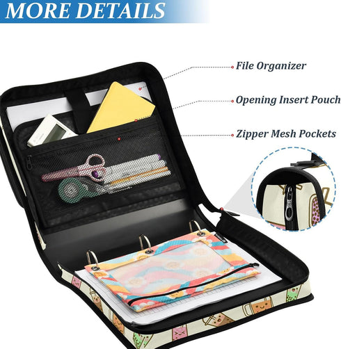 Krafig 3 Bubble Milk Tea Funny Zipper Binder Bag Ring with Handle Shoulder Strap, Binder File Organizer Bag Storage