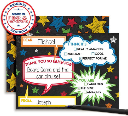 Chalkboard Speech Bubble Birthday Thank You Notes for Kids, Ten 4" x 5.5" Fill In The Blank Cards with Envelopes