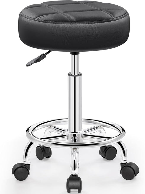 Brick Attic Rolling Stool with Wheels, PU Leather Small Office Chair with