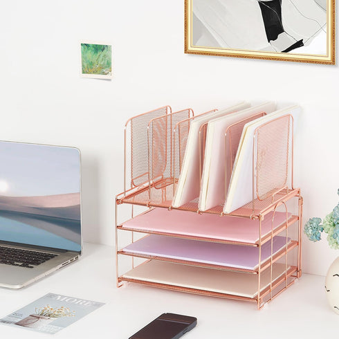 Desk Organizers and Accessories, 3-Tier Paper Organizer with 5 Vertical File Holders, Rose Gold, Desk Accessories