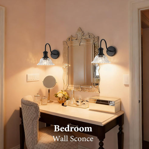 MKonpeny 1 Pack Bathroom Wall Sconce, Black Wall Lamp with Pressed Patterned Glass Lampshade, Farmhouse Wall Light