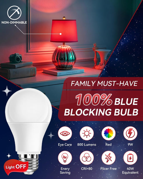 3W 625nm Bulbs 100% Bulb, A19 40W Bulbs Nursery,2 Pack Neporal Red Light for Sleep, Blue Light Blocking Red Light Night