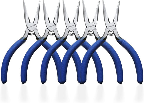 Mini Needle Nose Pliers 5" - 5 Pack KAIHAOWIN Small Long Nose Pliers with Wire Cutters, Precision Set for Crafts/Jewelry