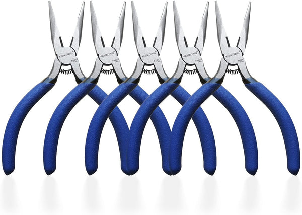 Mini Needle Nose Pliers 5" - 5 Pack KAIHAOWIN Small Long Nose Pliers with Wire Cutters, Precision Set for Crafts/Jewelry