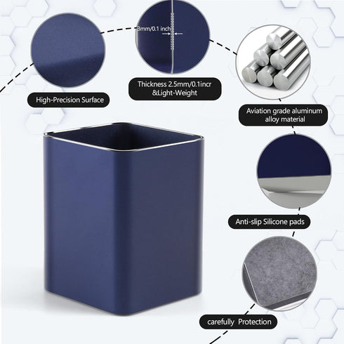 Metal Pen Holder for Desk Square Aluminum Desktop Organizer and Makeup Brush Holder Storage Box for Office, School, Home, and Kids, Non-slip silicone 4×3.15inch (Blue) by RQB