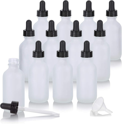 JUVITUS 2 oz Clear Glass Frosted Boston Round Bottle with Black Dropper Top (12 pack) + Funnel for Essential Oils