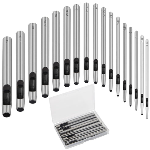 17 Pcs Round Leather Hole Punch Tool Set, 0.5-7mm Metal Hollow Punching Tools for Leather Craft
