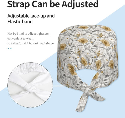 Scrub Cap for Women and Men Boho Black Leaf Pattern Adjustable Breathable Sweatband Hat for Work Kitchen Spa Shower
