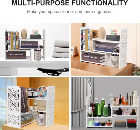 EARTHSON Desk Organizer Shelf, Expandable Bookshelf for Desk, Small Desktop Bookshelf, Mini Cute White Adjustable