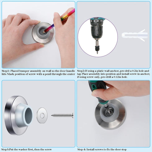 Pangda Concave Wall Door Bumper Stop, Silver Stainless Steel with 1-1/8 Inch Gray Round Rubber Protector (4 Pieces)