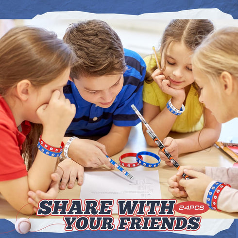 Sabary 48 Pcs Sports Pencils Set, Silicone Bracelets, Soccer, Football, Basketball, Baseball, Birthday Gifts