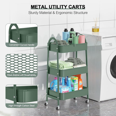 EAGMAK 3 Tier Utility Rolling Cart, Metal Storage Cart with Handle and Lockable Wheels for Kitchen, Living Room,