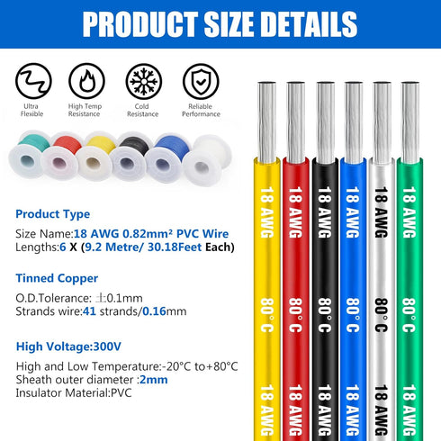 HuLuWa 18 Gauge Electrical Wire Cable Kit, 18 AWG Stranded Tinned Copper Wire, 6 Colors (13.12 Feet Each) for DIY