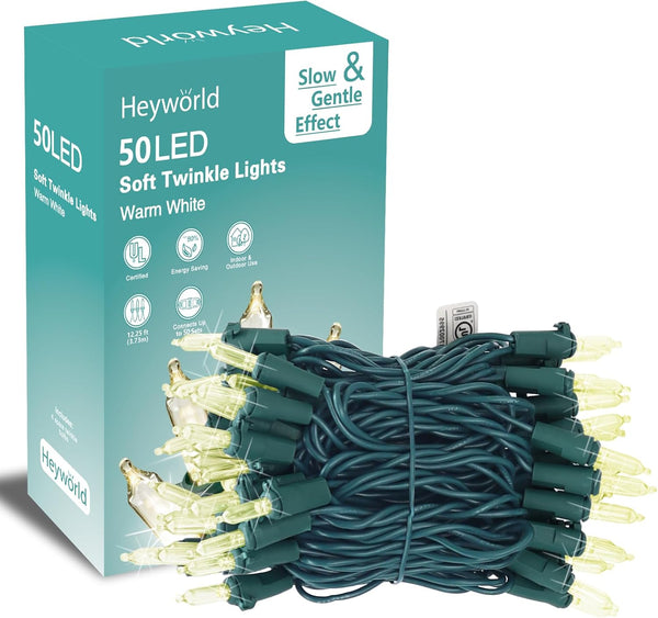 50 LED Slow Twinkle Lights, Soft Twinkling Mini Christmas String Lights on Green Wire Cord, UL Approved 14.58 Ft,