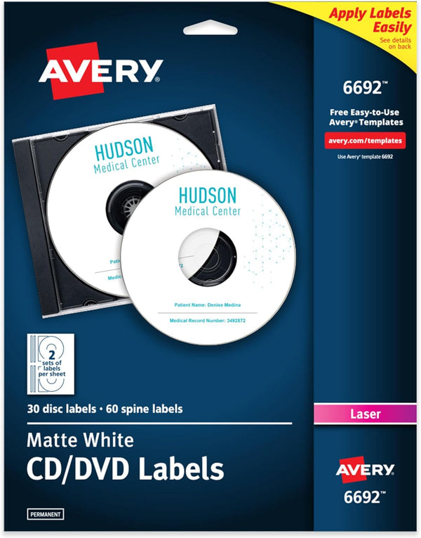 Avery Printable CD Labels, Matte White, 30 Disc & 60 Spine Labels, Laser Printer Compatible