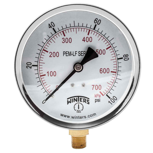 Winters 4 Inch Dial Size Economy Utility Pressure Gauge, Potable Brass Internals, Steel Case, 0-100 psi/kPa