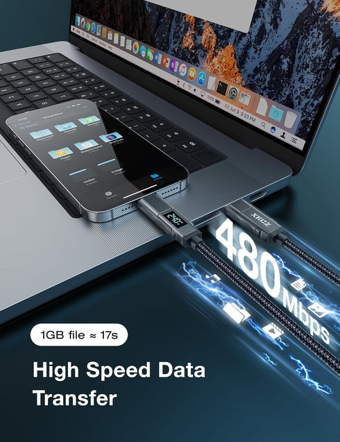 4 1 240W 5FT in USB C Cable with Wattage Display, Round Nylon Braided Multi Charging Cable with Data Sync, USB C