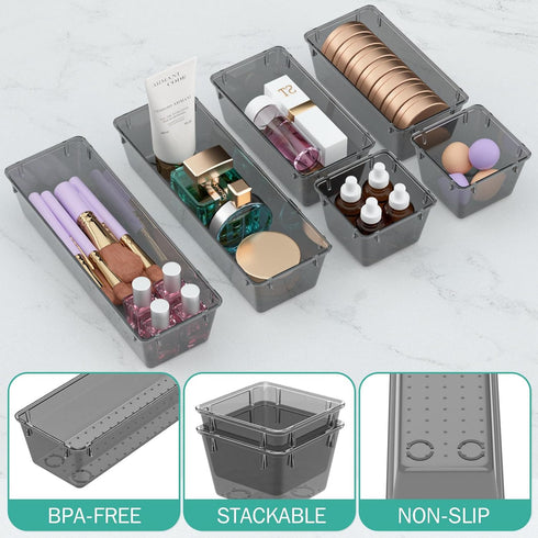 WOWBOX 6 Pack Clear Drawer Organizer Set, Acrylic Storage Trays for Makeup, Cosmetics, Jewelry, Office, Black