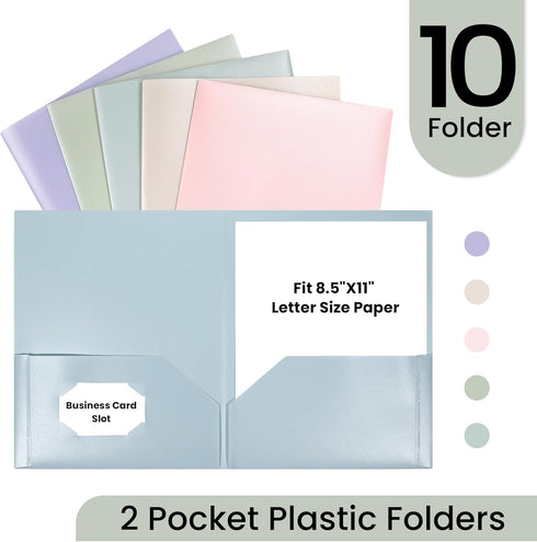 GNL Heavy Duty Plastic Folders with Pockets, 10 Pack, Muted Pastel Colors, Letter Size for School and Office
