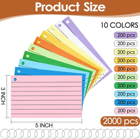 Beieverluck 2000 3x5 Inches 10 PCS Index Cards Colored Flash Cards with Ring Lined Flashcards Ruled Index Cards