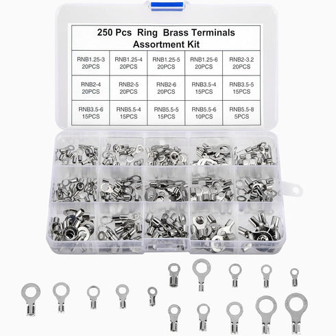 250pcs Non-Insulated Ring Terminals, Copper Connectors AWG22-16 Crimp Ring End Terminal for Electric Wire