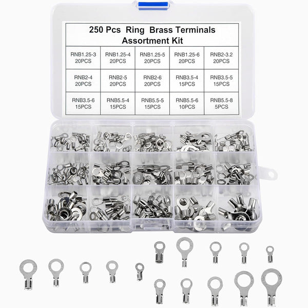 250pcs Non-Insulated Ring Terminals, Copper Connectors AWG22-16 Crimp Ring End Terminal for Electric Wire