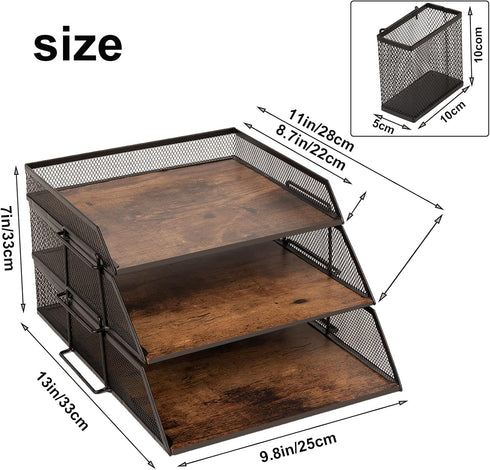 Vintage Wood & Metal Letter Tray - Stackable Desk Organizers for File, Magazines, Mail, with Pen Holder (3 Layer)