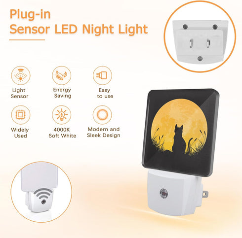 Cat Night Light,Cat Grass Field Full Moon Night Lights Plug into Wall LED Dusk to Dawn Light Sensors Indoor Home Decor