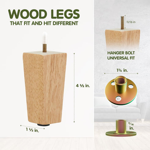 Yes4All 4.5 Inches Set 4 Square Wood Furniture Legs of - Wooden Replacement Feet for Couch, Bed, Bench - Adjustable