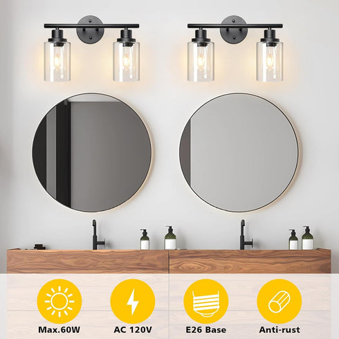 Unicozin 2 E26 (Bulbs Light Vanity Lights, Black Wall Sconce Light with Clear Glass, Bathroom Light Fixtures, Wall