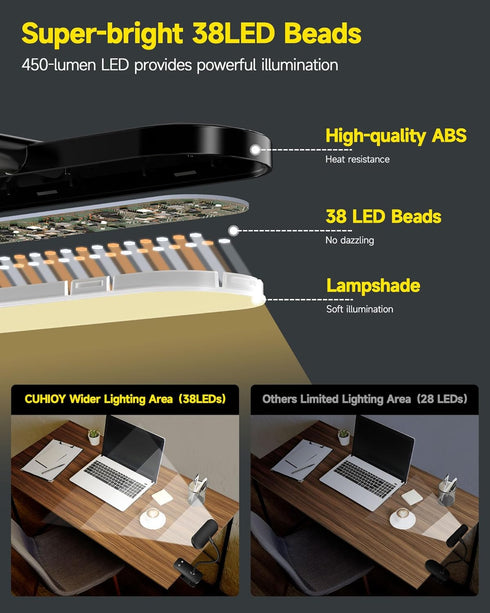 CUHIOY Desk Lamp, USB-C Battery-Operated Clip on Reading Light, 38 LEDs with 5 Colors and 5 Brightness Levels, Flexible