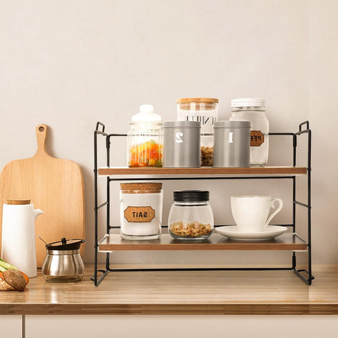 KATHY&BOB Wood Desk Shelf Organizer, 2-Tier Adjustable Stackable Storage Rack for Office, Kitchen, Bathroom,