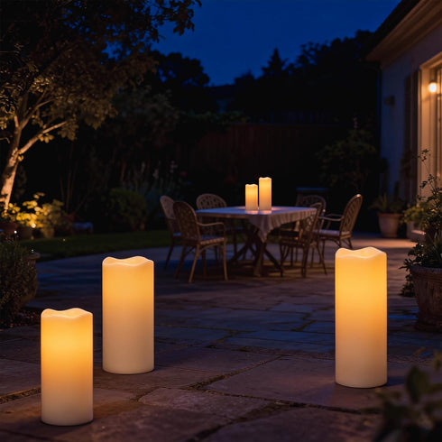 (4"x8" 4"x10" Set 2) Solar Candles Outdoor Waterproof, Outdoor Candles with Sensor Timer Waterproof Flameless Candles